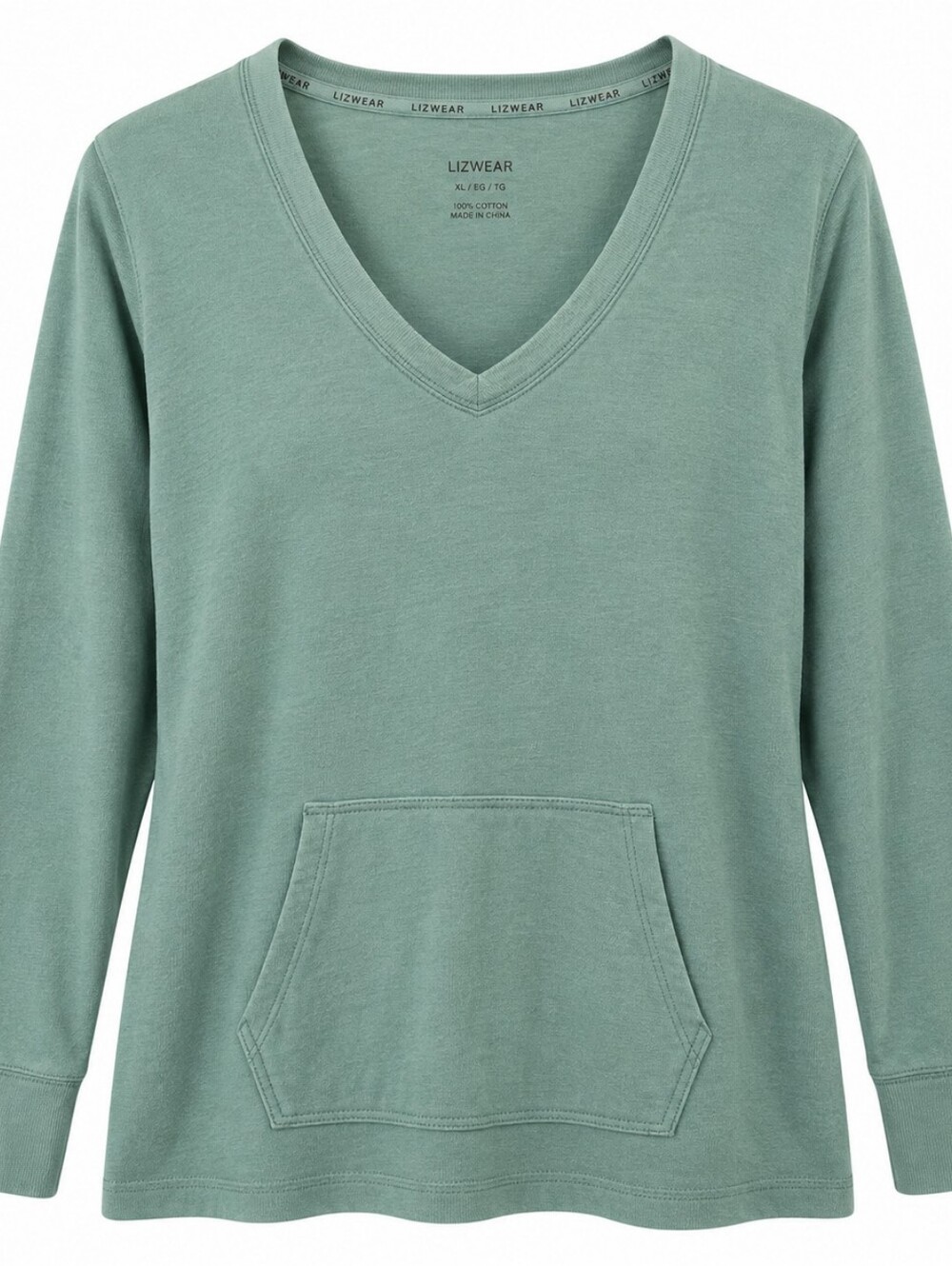 Lizwear Women’s XL Sage Green V-Neck Kangaroo Pocket Pullover 100% Cotton